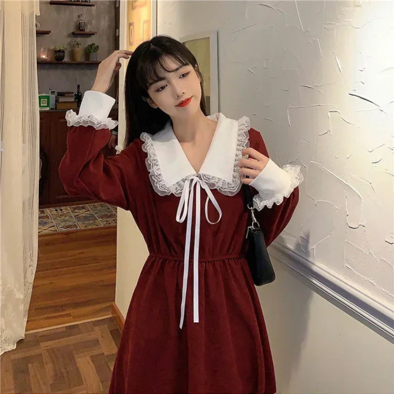 Hnewly holiday dress New Vintage Shirt Dress Women Autumn Spring Long Sleeve Robe Kawaii Lolita Elegant Midi Dresses Korean Fashion Vestido платье