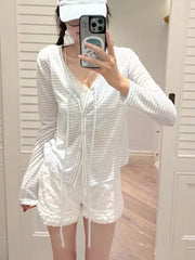 Hnewly  Summer Sun-proof Striped Cardigan Coat Fashion Casual Long Sleeve Slim 2-piece Set Women's Design Sweet Hollow Out Sling Outfits