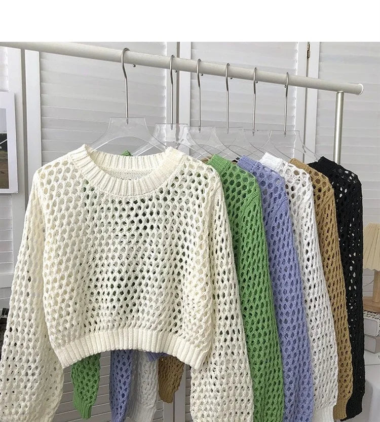 Hnewly Hollow Sun Protection Shirt Women's Summer Loose Pullover O-Neck Puff Long Sleeve Air Conditioning Knitwear Korean Retro Top
