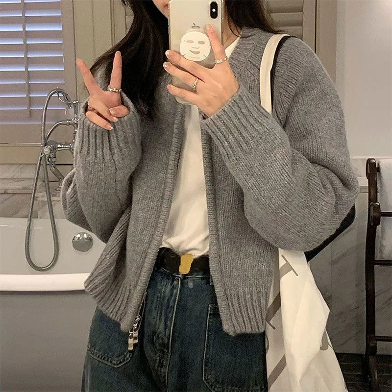 Hnewly Sweater y2k Clothes Women Soft Warm Solid Color Round Neck Zip Up Long Sleeve Knitted Tops 2000s Clothing Streetwear