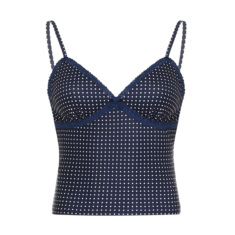 Hnewly y2k Polka Dot Crop Top Casual Lace Stitching Sleeveless Skinny Strap Tops Women Basic Camisole Streetwear Tees Aesthetic
