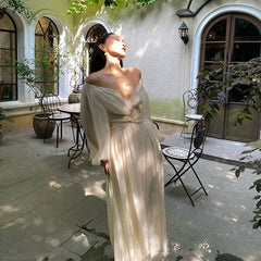 Hnewly DRESS TO IMPRESS Korean V-neck Pleated midi Dresses for Women beach Vintage Lace Party Dress female Summer casual Puff Sleeve Elegant Dreses