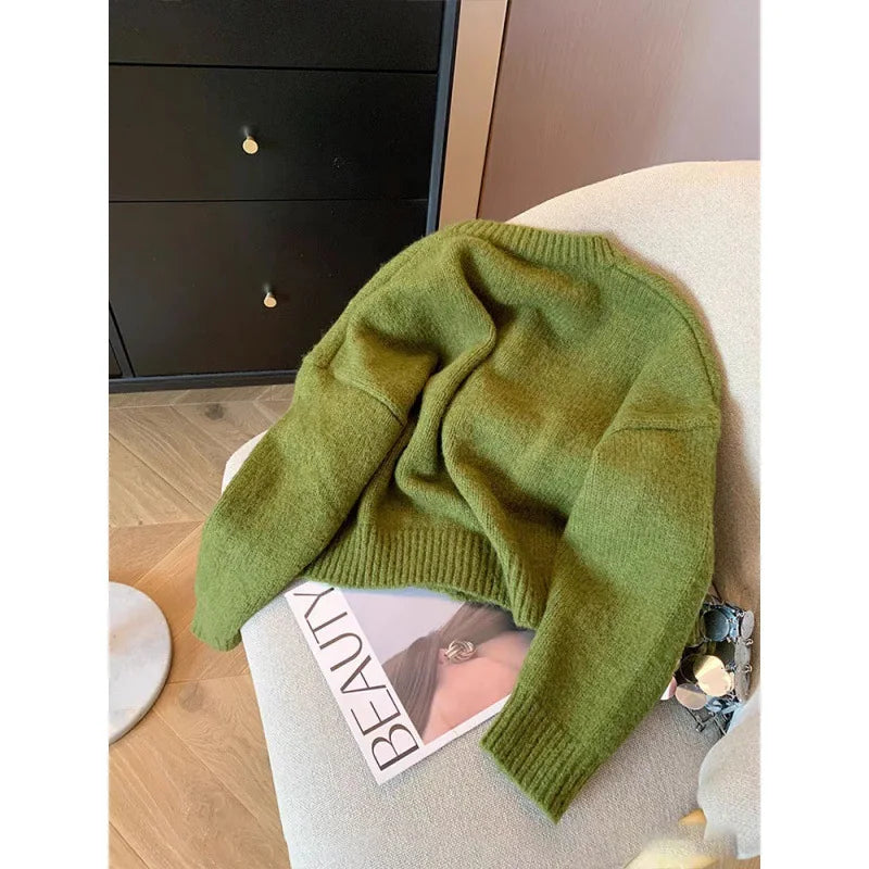 Hnewly  Green Crochet Knitted Sweater Women's Retro Soft  Embroidery Loose Long Sleeved Jacket Round Neck Single Breasted Cardigan Top