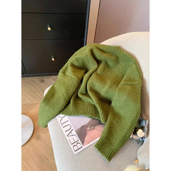Hnewly  Green Crochet Knitted Sweater Women's Retro Soft  Embroidery Loose Long Sleeved Jacket Round Neck Single Breasted Cardigan Top