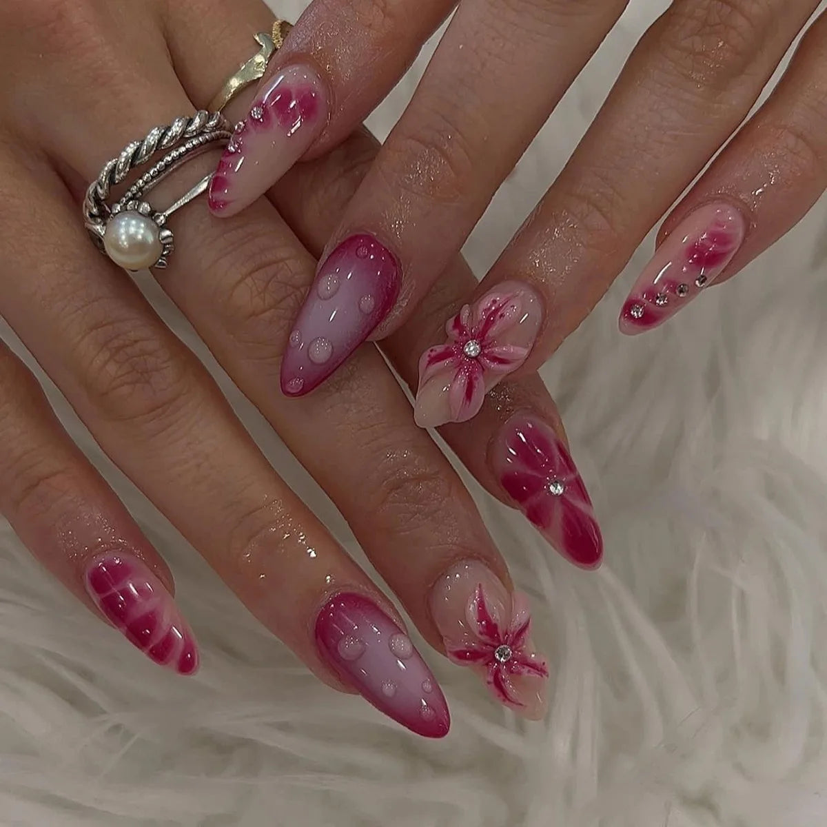 Hnewly 24Pcs 3D Flower Almond Nail Set Press on Nails with 3D Wave Drill False Nails French Tip Full Cover Artificial Nails Art Tips