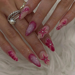 Hnewly 24Pcs 3D Flower Almond Nail Set Press on Nails with 3D Wave Drill False Nails French Tip Full Cover Artificial Nails Art Tips