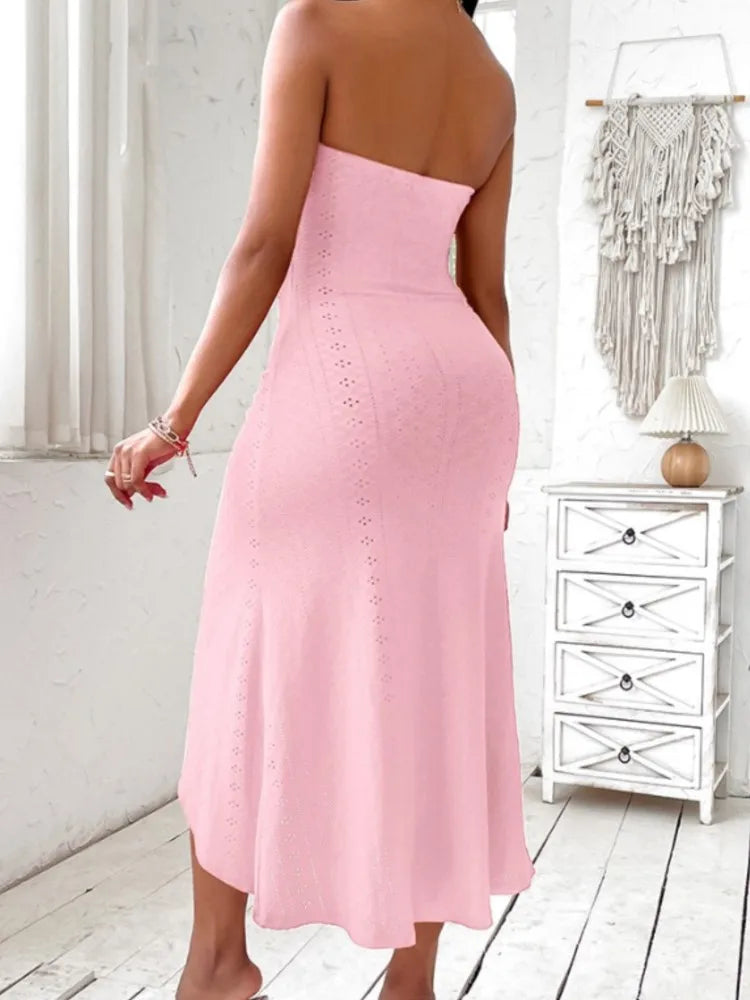 Hnewly Women Sexy Backless Strapless Solid Mido Dress New Summer Bandeau Ruched Off Shoulder Hook Flower Hollow  Slit Casual Dresses