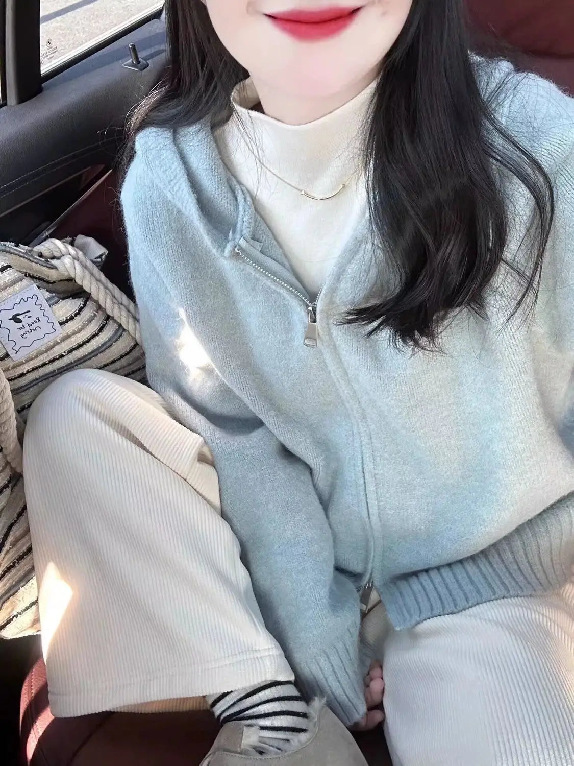 Hnewly Milk Fufu Lazy Blue Double Zipper Hooded Knitted Cardigan Women's Autumn and Winter Design Sense Short Sweater Jacket