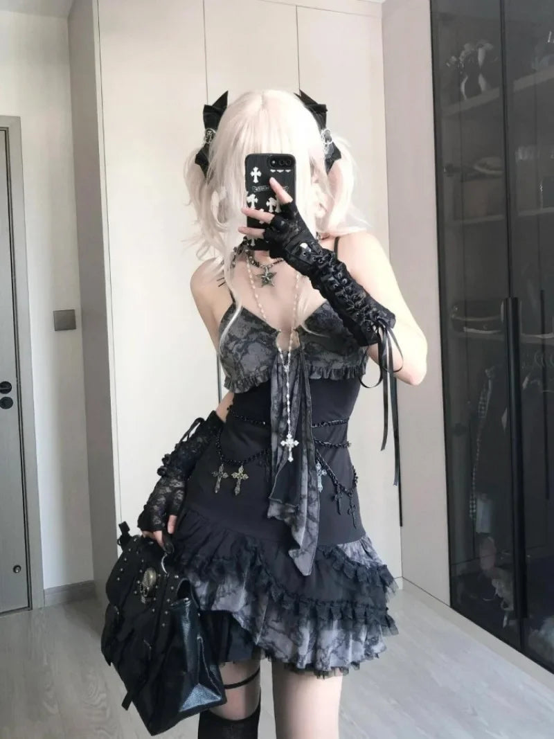 Hnewly 2025 Summer Fashion V-neck Camisole Dresses Sexy Lace Patchwork Dress for Women Y2k Grunge Slim Waist Ruched Vestidos Mujer
