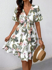 Lunivop  Tropical Floral Print Front Knotted Short Sleeve Casual Dress Vacation Outfit