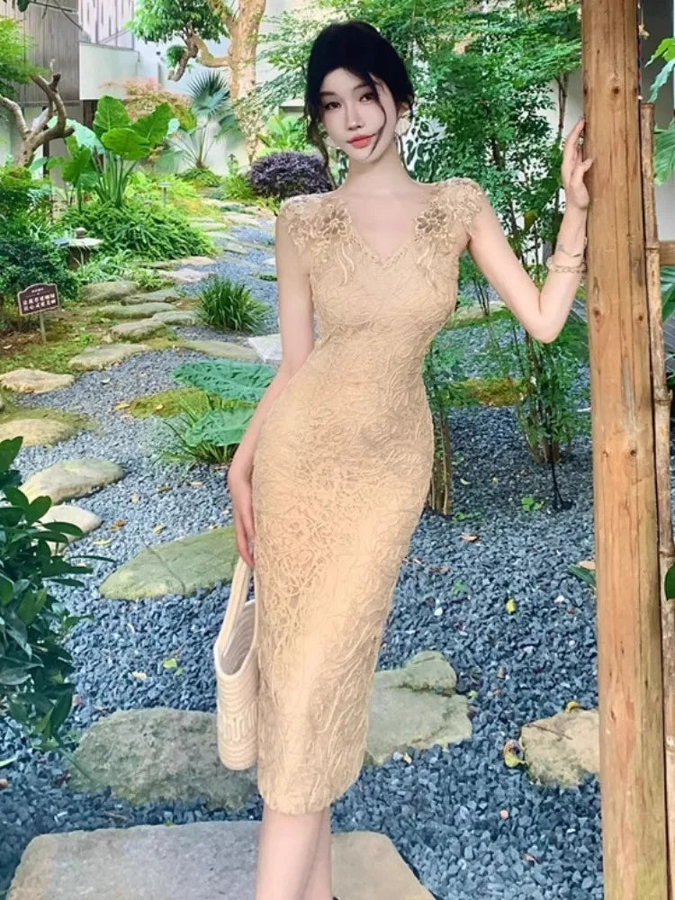 Hnewly  Women Dress Lace Patchwork Sleeveless Slim Split V Neck Summer Fashion Sexy Elegant Temperament Party Dresses Female