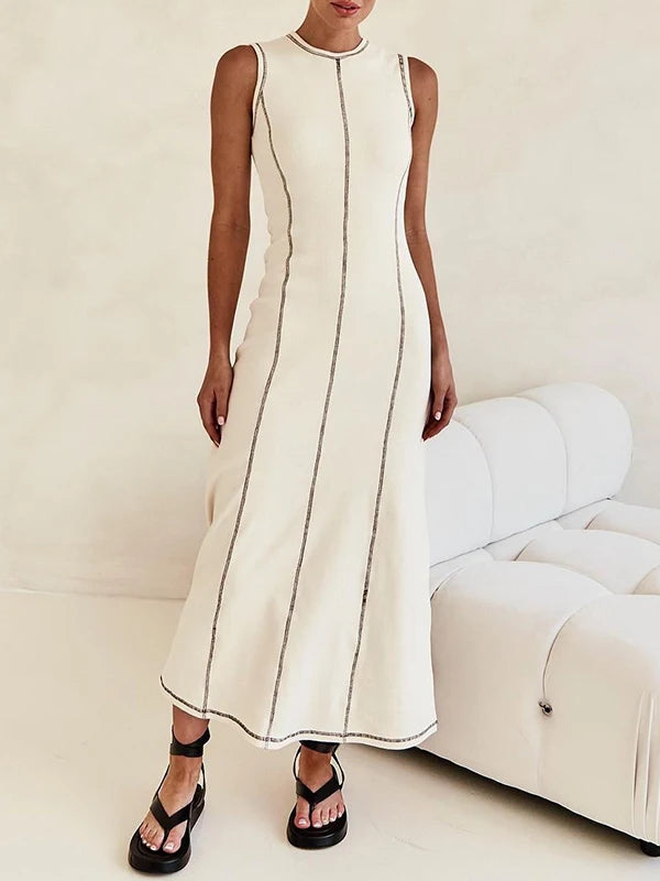 Hnewly  Tinaa Apricot Sleeveless Maxi Dress for Women Summer Striped O Neck Simple Basic Commuting Casual Long Dresses