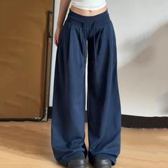 Hnewly  American Retro Loose Wide Leg Pants Women New Low Waist Drawstring Casual Pants Woman Lazy Drape Baggy Sweatpants Female