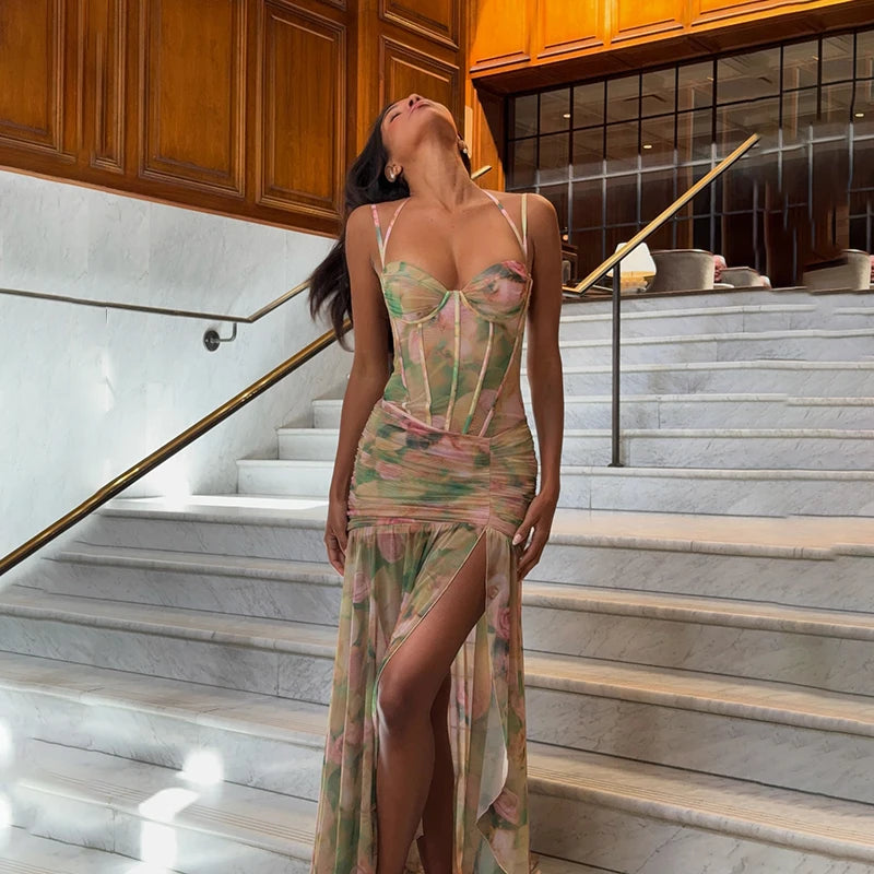 Hnewly Sexy Sleeveless Split Floral Print Bodycon Spaghetti Strap Dress Summer Fashion Club Vacation Beach New Women Vestidos