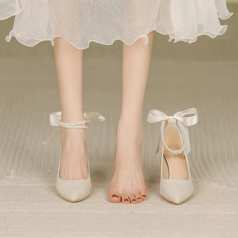 Hnewly Woman Footwear Beige Pearl Wedding Bride Shoe High Heels Pointed Toe Block Heel Shoes for Women Non Slip Fashion Chic High Heels