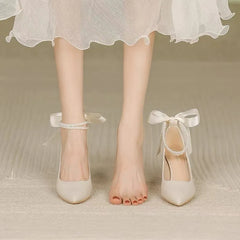 Hnewly Woman Footwear Beige Pearl Wedding Bride Shoe High Heels Pointed Toe Block Heel Shoes for Women Non Slip Fashion Chic High Heels