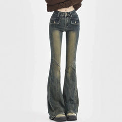 Hnewly Woman High Waist Elastic Spliced Wide Leg Jeans Female Vintage Slim Fit Flare Pants Lady Blue Black Grey Denim Trousers Big Size