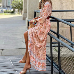 Hnewly  Casual Long Sleeved Loose Beach Dress New Spring Floral Print Bohemian Dress Vintage Women V-neck High Waist Holiday Dress
