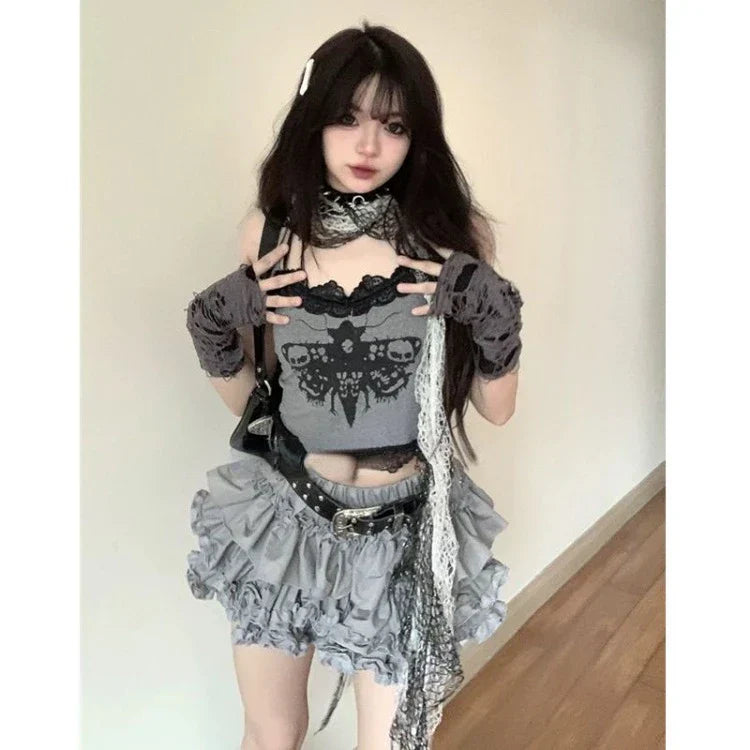 Hnewly Fashion Sweet Lace Slim Fit Camisole Tops Women+ Y2k Kpop High Waist Ruched Cake Skirts 2025 Summer New Two Piece Sets