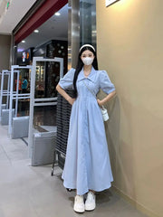 Hnewly  Women Dress Preppy Style Peter Pan Collar Short Sleeve Sweet Single Breasted Elegant Fashion Female Dresses Casual