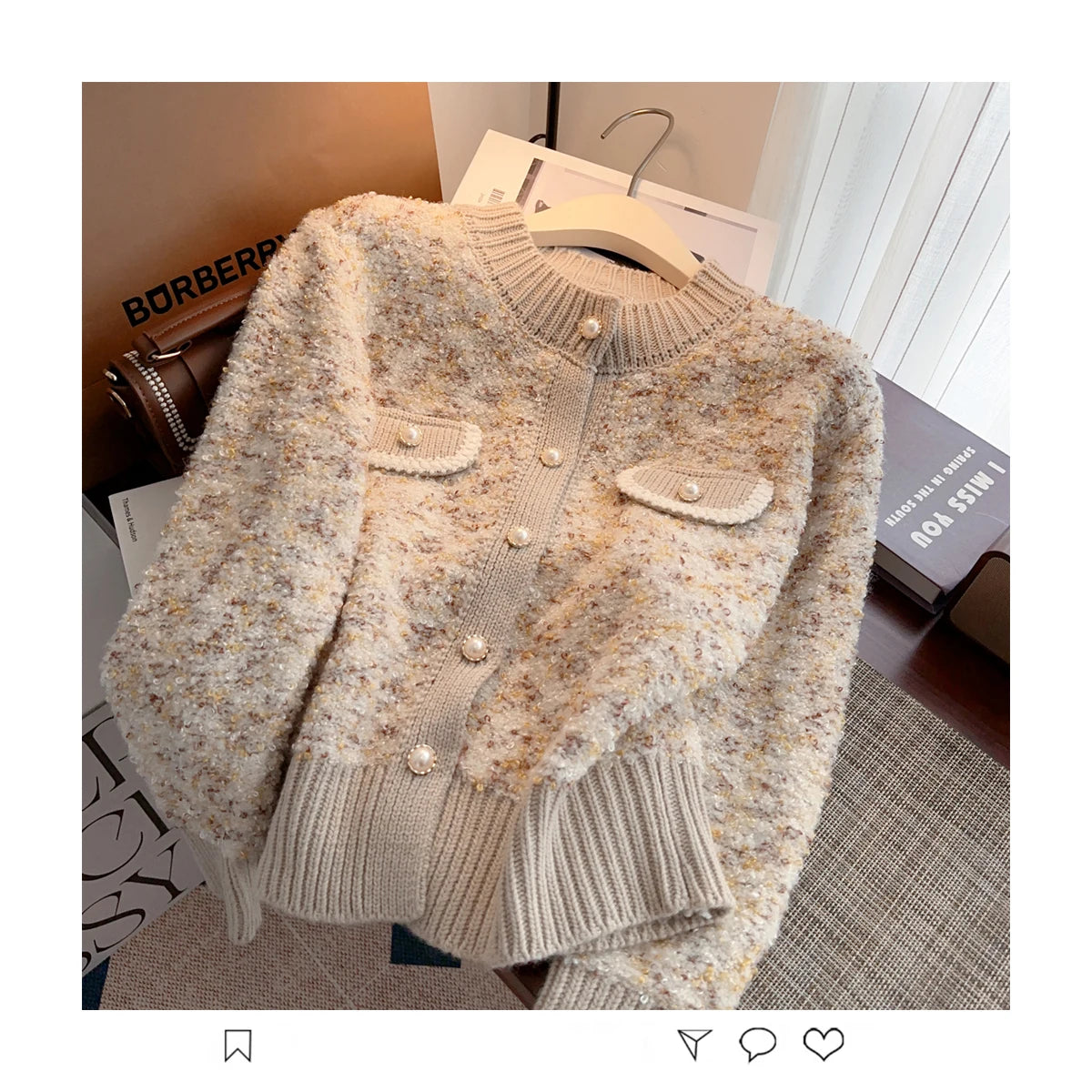 Hnewly  Luxury Pearl Button Sweater Women O-Neck Long Sleeve Cardigan Coat  Single Breasted Warm Jacket Casual All-Matched Knitwear Top