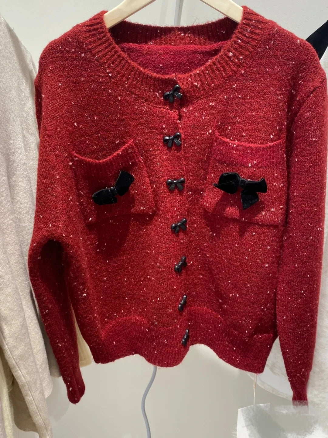 Hnewly  Korean Spring Autumn Bow Sweater  Single Breasted O-Neck  Chic Dot Knitted Cardigans Fashion Casual Long Sleeve Outerwear Top