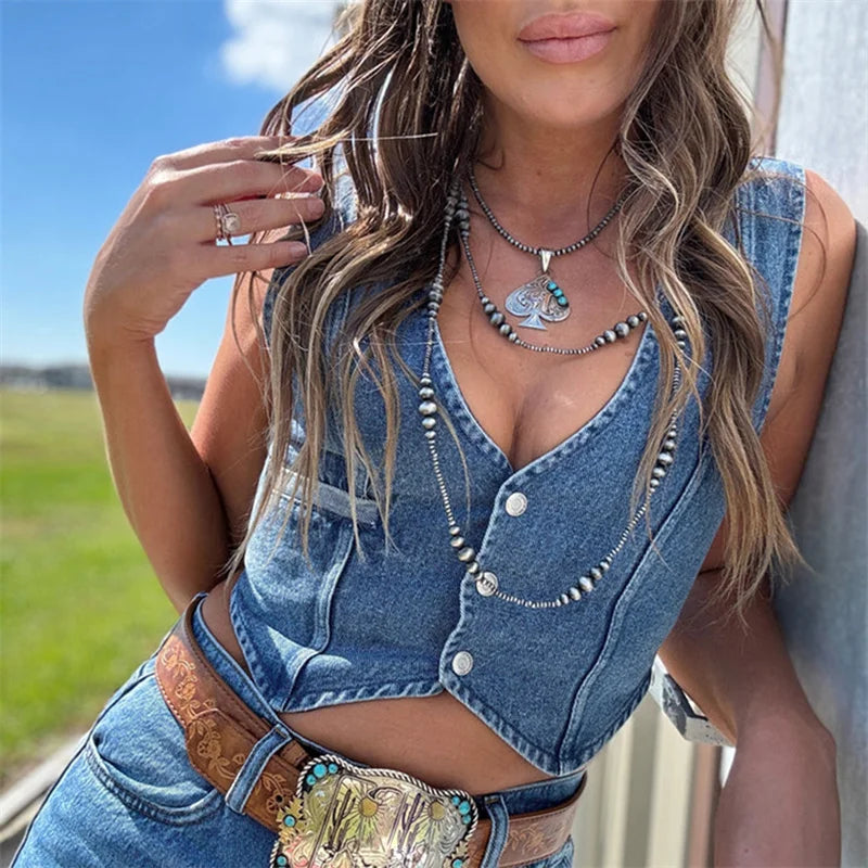 Hnewly Denim Tank Tops for Women Summer Solid Color V Neck Single Breasted Sleeveless Jeans Vest y2k Waistcoat Streetwear