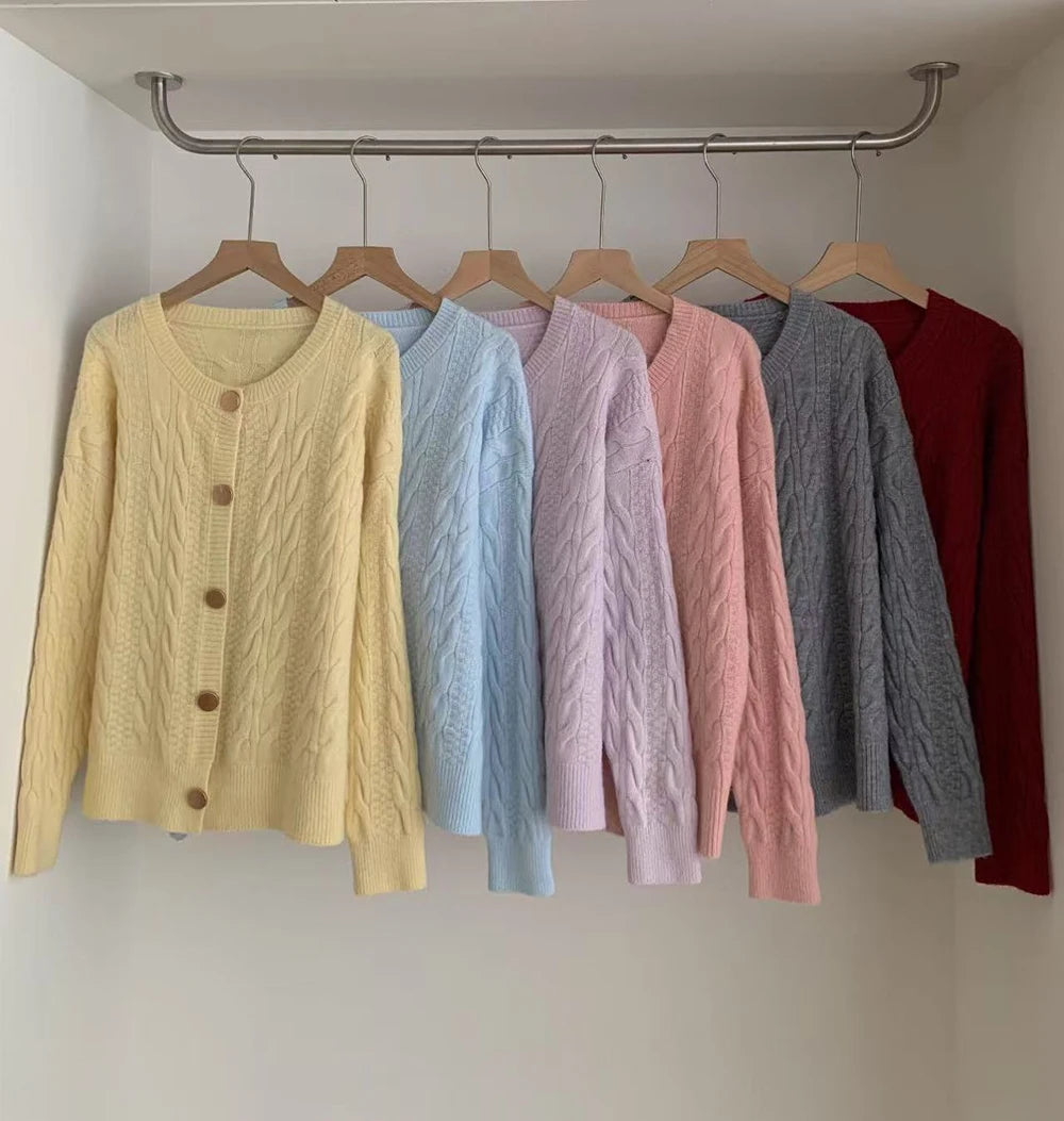 Hnewly  Vintage Twist Knit Cardigan Women's Lazy Loose Soft Thickened Single-Breasted 2025 Autumn Winter New Korean Style Female Tops