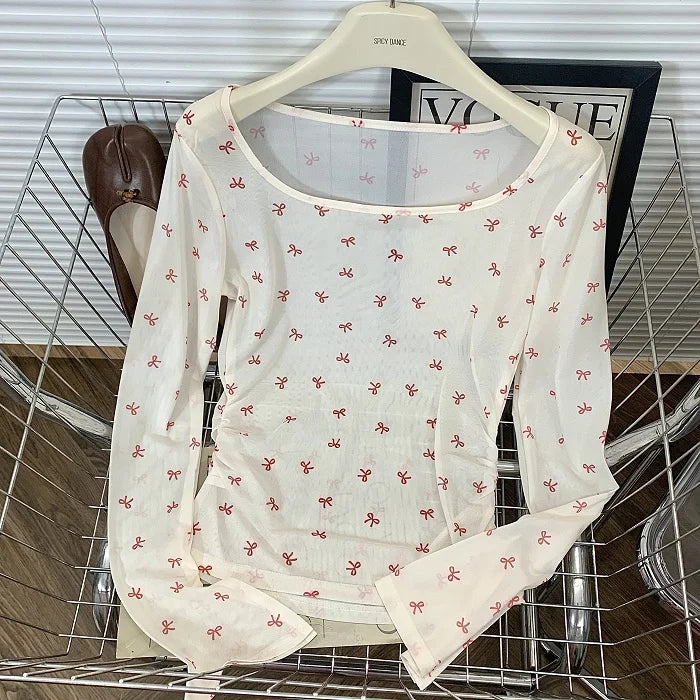 Hnewly Pink Bow Printed Long Sleeved T-shirt Women's Spring  Summer Sun Protection Top Korean Version Round Neck Slim Fit Versatile Tee