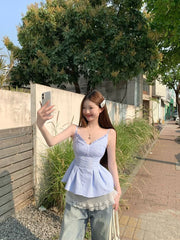 Hnewly  striped Camis Women Strapless Backless Slim Summer Fashion V Neck Ruffles Patchwork Female Crop Tank Tops Casual Party
