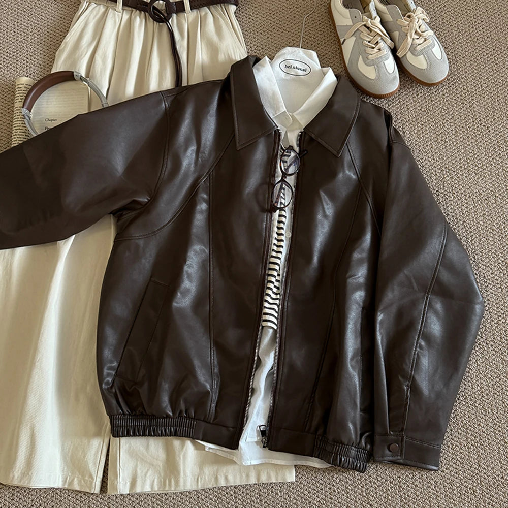 Hnewly  Retro Chic pu Leather Jacket Women's 2025 Spring Autumn Fashion Lapel Versatile Windproof Sweet&Cool BF Style Female Outerwear