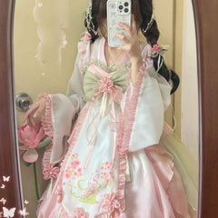Hnewly  Sweet Lolita Princess Dress Women Cute Cartoon Rabbit Print Flower Ruffles Party Dresses Chinese Hanfu Style Kawaii Lolita Sets