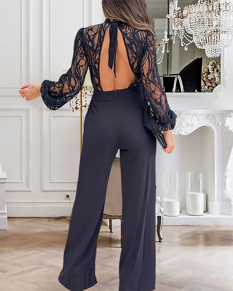 Hnewly 2025 Spring Contrast Lace Stand Collar Tied Detail Backless Lantern Sleeve Elegant Jumpsuit