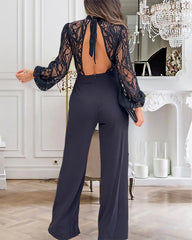 Hnewly 2025 Spring Contrast Lace Stand Collar Tied Detail Backless Lantern Sleeve Elegant Jumpsuit