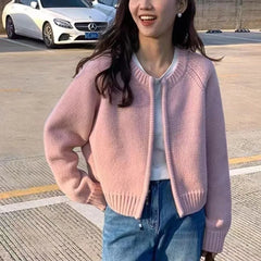 Hnewly Korean Women Knitted Sweater Autumn Winter Chic Loose Long Sleeve Cardigan Tops Simple Solid Color Sweater Jacket