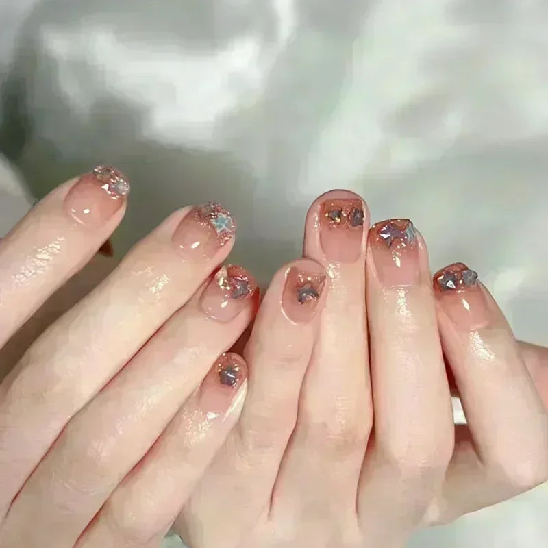 Hnewly 24pcs Detachable Short Press on Nails Y2k rhinestone False Nails with Glue Ballet Sweet Cool Girls Artificial False Nails Tips