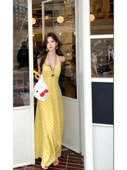 Hnewly  Elegant Sweet V-neck Long Dress Women Butter Yellow Casual Sexy Beach Midi Dresses Korean Style Lace Up Dress Backless
