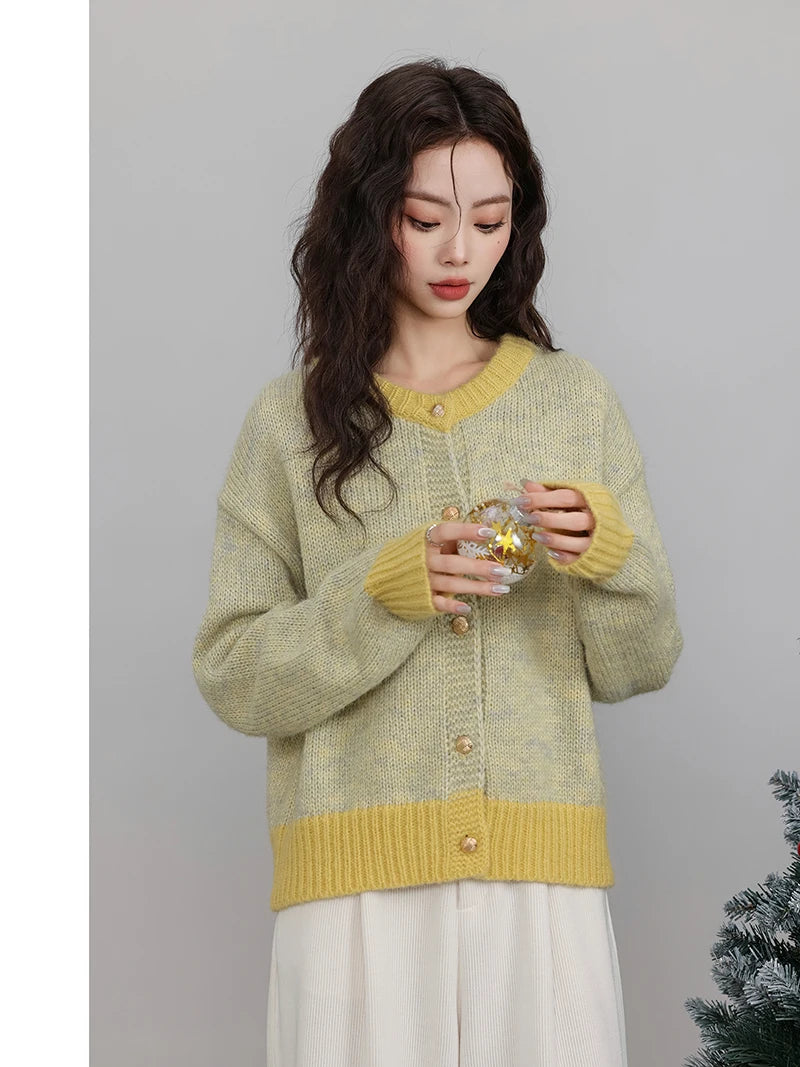 Hnewly Single-breasted Cardigan Long Sleeve Patchwork Knitted Sweater O-Neck Casual Warm Coat Office Outerwear Autumn Winter