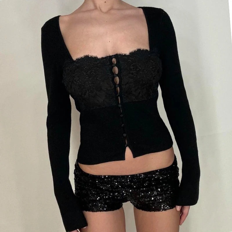 Hnewly Sexy Square Neck Long Sleeve Top Casual Women Up Cardigan Crop Tops Y2K Fashion Solid Spring Summer Streetwear T shirt