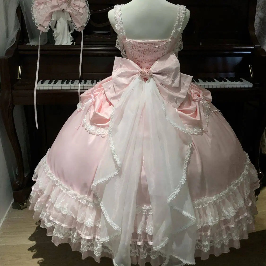 Hnewly  Spring Summer New Sweet Lolita Long JSK Suspender Dress Girls Women Cute Bow Lace Splice  Wedding Dress Princess Dresses