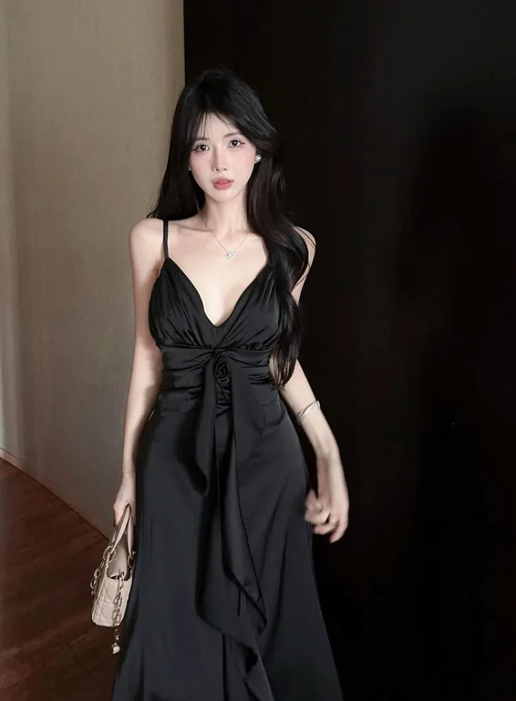 Hnewly  Women Dress Sexy V Neck Sleeveless Backless Ruffles Ribbon Backless Elegant Temperament Party Dresses Ladies Fashion