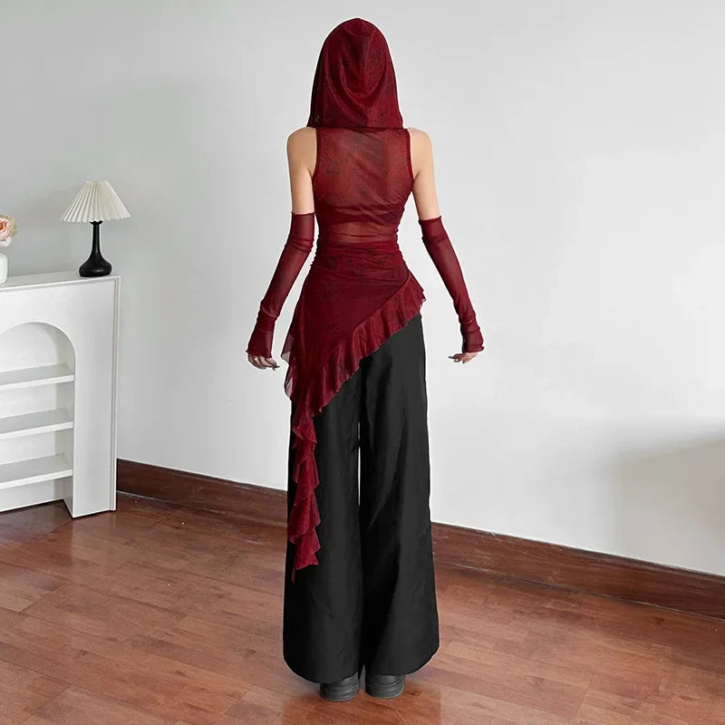 Hnewly  Streetwear 90s Grunge Mesh See Through Hooded Tops Cyber Y2K Irregular Hem Ruffles Hoodie Women Slim Blouse with Cuffs