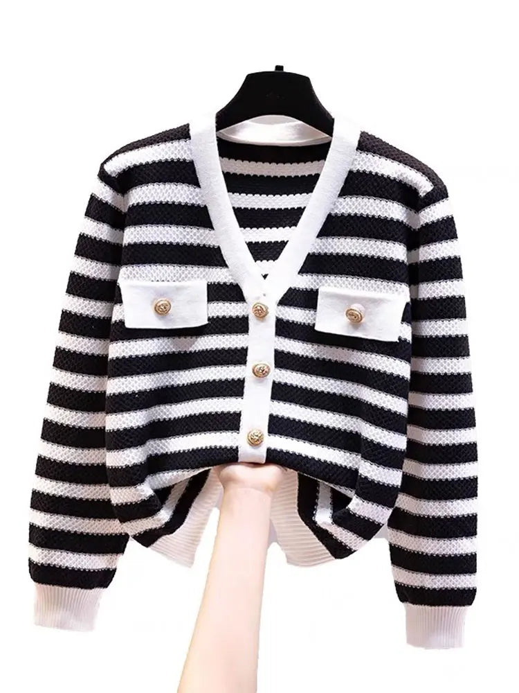 Hnewly  Elegant Striped Knit Cardigan Sweater Spring Autumn New V-neck Long Sleeved Jacket Women's Fashion Gold Button Coat Top