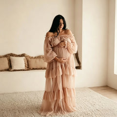 Hnewly  Elegant Off Shoulder Maternity Gown for Photography Sexy Tiered Ruffle Pregnancy Dress Lantern Sleeve Photo Shoot Props Outfit