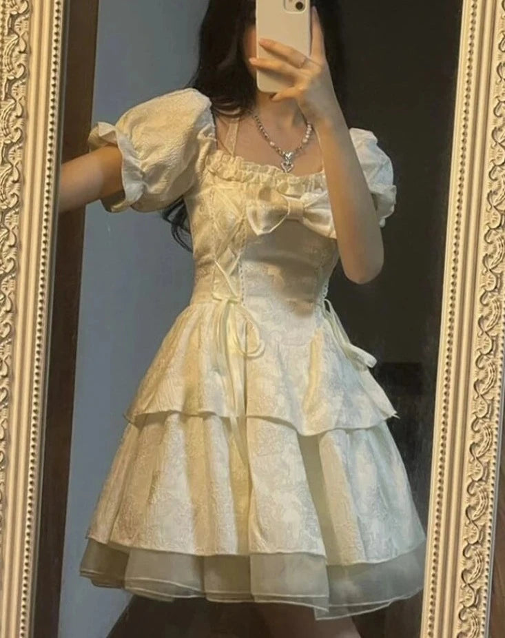 Hnewly DRESS TO IMPRESS Korean Sweet Kawaii Dress Women Summer 2024 White Japanese Cute Party Mini Fairy Dress Bubble Sleeve Casual France Elegant Dress