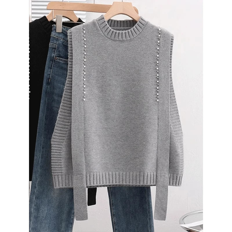 Hnewly  Elegant Bead Knitted Sweater Vest Women's Spring  Autumn Loose Versatile Comfortable Sleeveless Vest Casual Solid O-neck Top