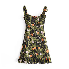 Lunivop  Retro French Black with Green Leaves Floral Print Mini Dress Sexy Women Wood ear Ruffles Hem Tide Bow Strap Sling Holiday Robe