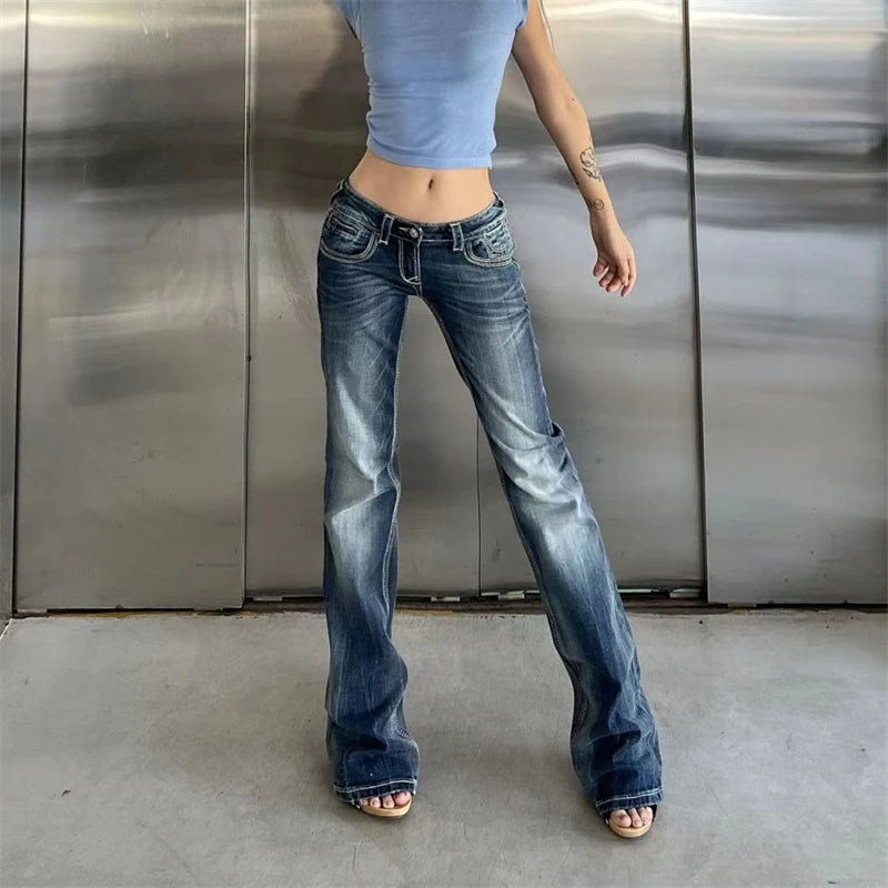 Hnewly Women's Low Waisted Micro Flared Narrow Jeans Summer New Casual Slim Retro Blue Denim Pants Female Sexy Bell-bottoms Trousers
