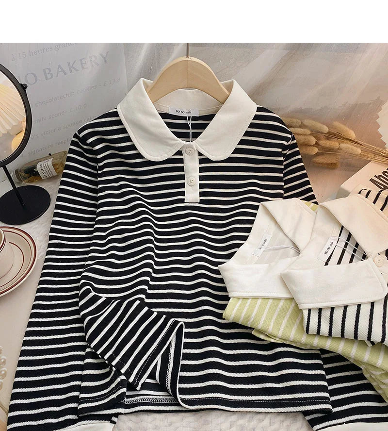 Hnewly  Classic Black White Striped Sweatshirts Casual Loose Turn-down Collar  Women's Spring 2025 New Korean Long Sleeve T-shirt Top