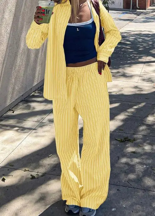Hnewly  Women's Casual Two - Piece Outfit: Striped Button Front Long Sleeve Shirt with Matching Wide - Leg Pants
